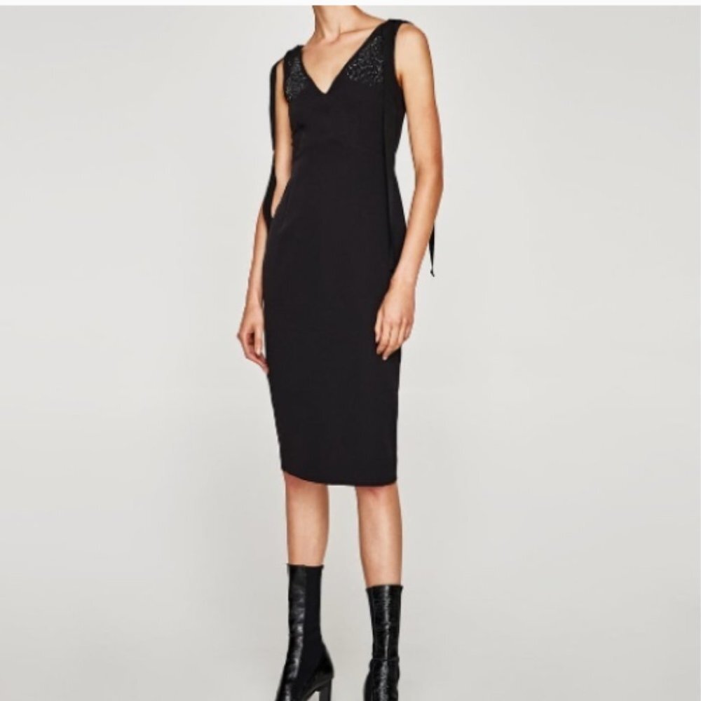 Zara Little Black Dress V-Neck with Shoulder Ribbon Midi‎ Dress Size: M